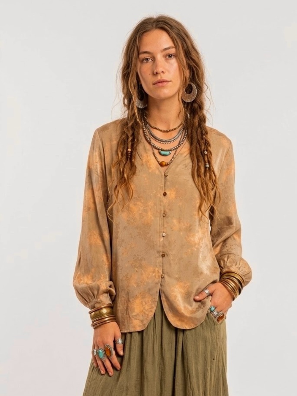 Vintage Earthy Floral 100% Silk Blouse Quiet Luxury Goblincore Hobbit Minimalist